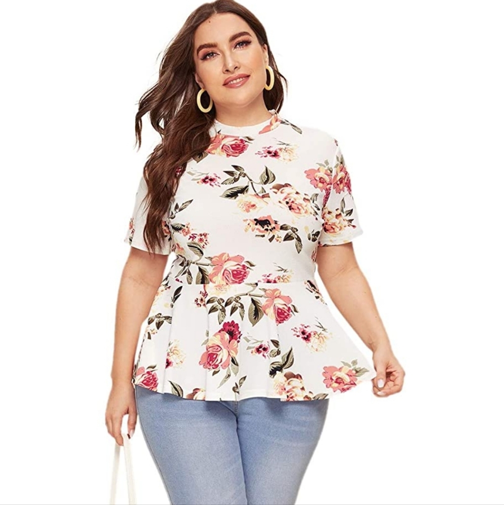 Romwe Women's Plus Size Floral Short Sleeve Mock Neck Summer Ruffle Peplum Tops